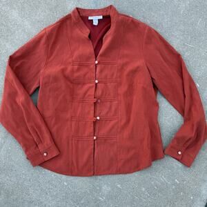 Dressbarn Faux Suede Mandarin Collar Frog Button Y2K Women XL Rust Orange Blouse